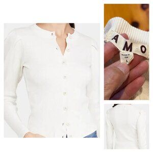 AMO L Off-White Puff Sleeve Cardigan Button Up Ribbed